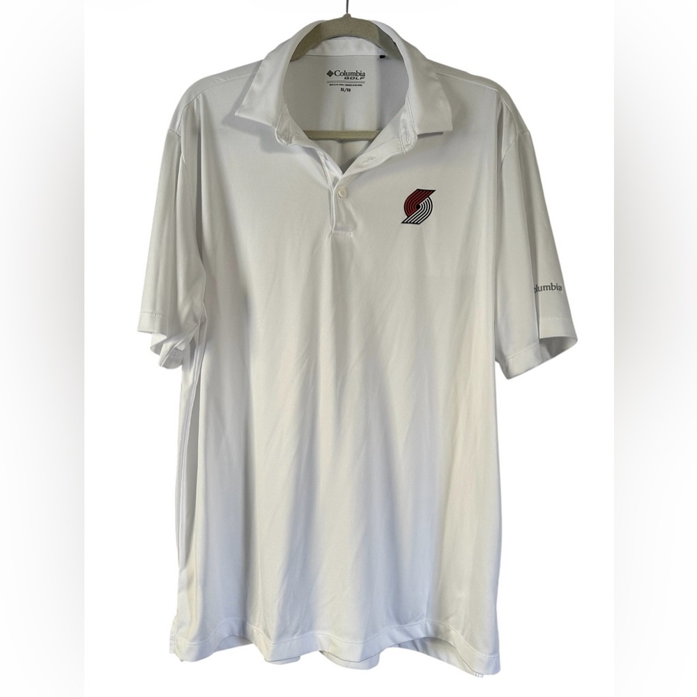 Columbia White Polo Shirt with Red and Black Team Crest
